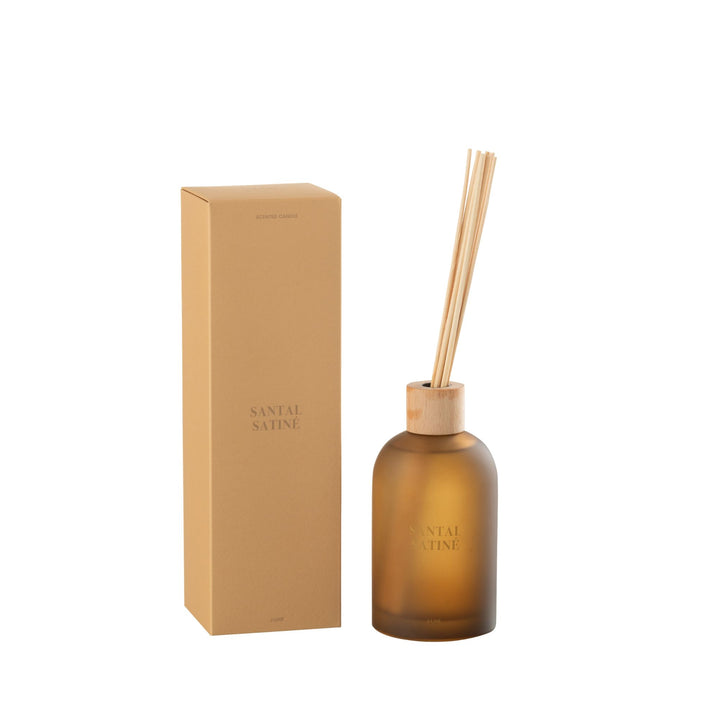 Box and bottle set of the Santal Satiné Diffuser with natural fragrance reeds.