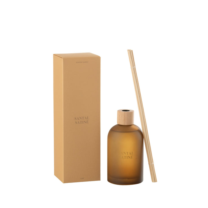 Box and bottle set of the Santal Satiné Diffuser with natural fragrance reeds.