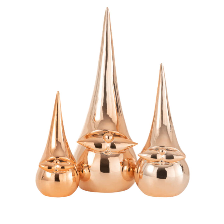 Group display of the porcelain Santa Deco Figures in copper finish in all three sizes.