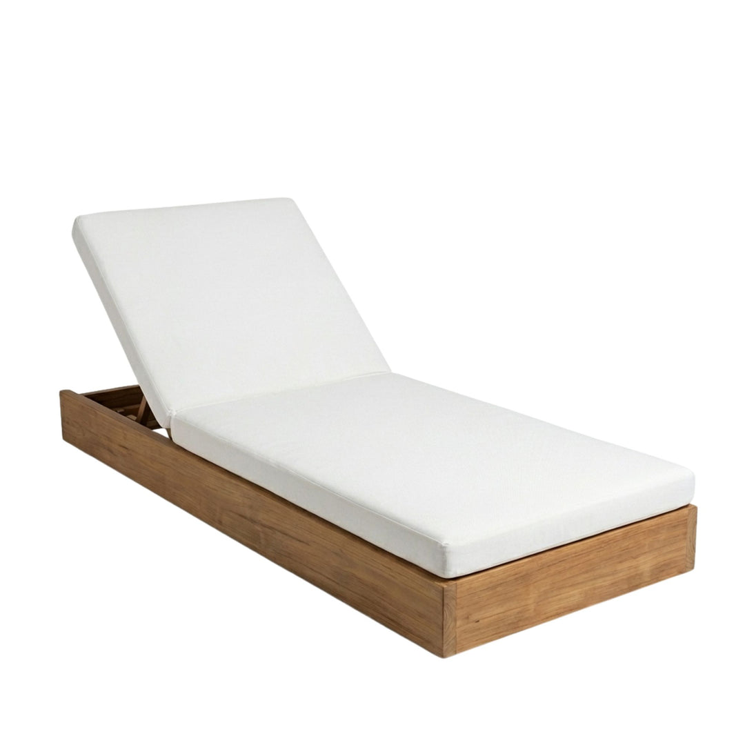 Front view of the Santorini teak sunbed with white cushion and adjustable backrest.