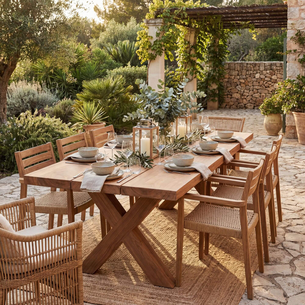 Outdoor dining setup with wooden Santorini outdoor dining table and chairs in a garden setting.