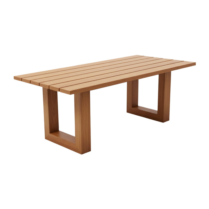 Angled view of the Santorini outdoor table with U-legs, showing teak slatted top.
