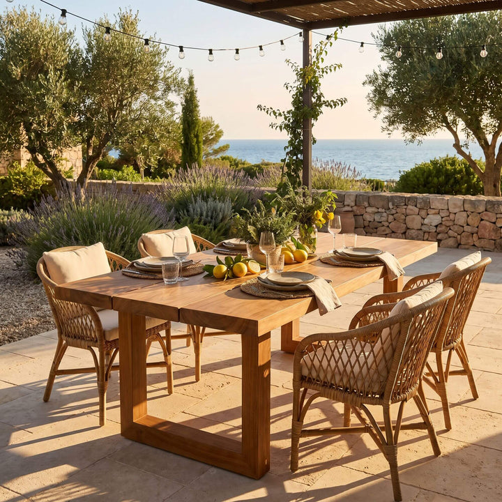 Outdoor terrace scene featuring the Santorini teak dining table with sea views.