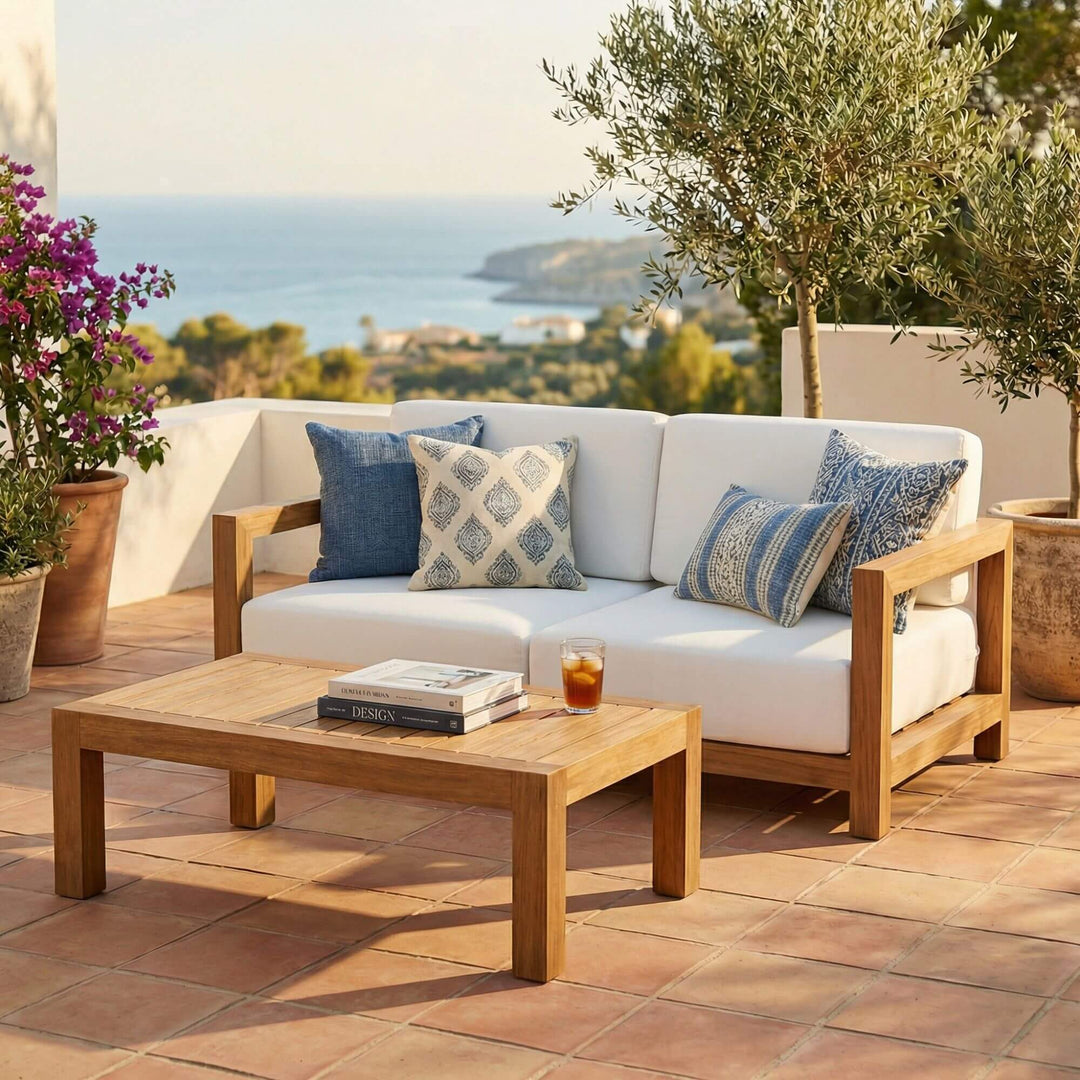 Outdoor patio with white Santorini solid teak sofa, wooden coffee table, and scenic view.