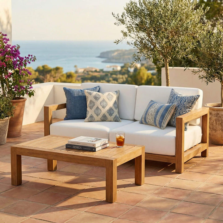 Outdoor patio with white Santorini solid teak sofa, wooden coffee table, and scenic view.