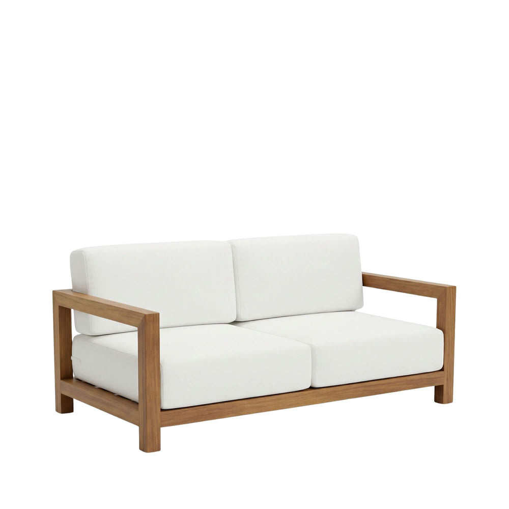 White cushioned Santorini Solid teak sofa with wooden frame on a white background