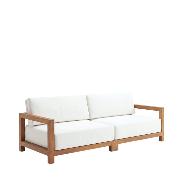 White cushioned Santorini Solid teak sofa with wooden frame on a white background