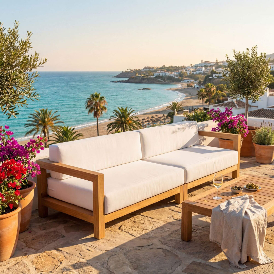 Outdoor patio with wooden Santorini solid teak sofa, coffee table, and ocean view