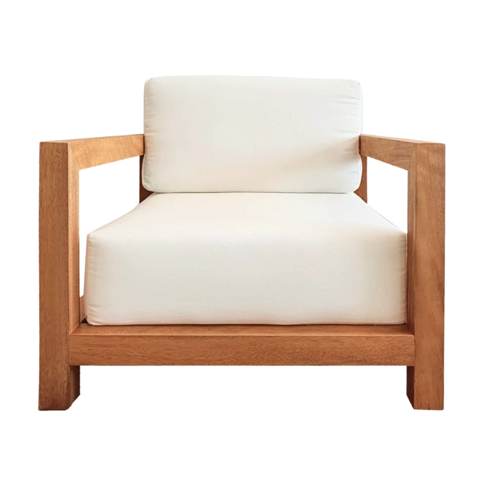 Front view of the Santorini teak armchair with white outdoor cushions.