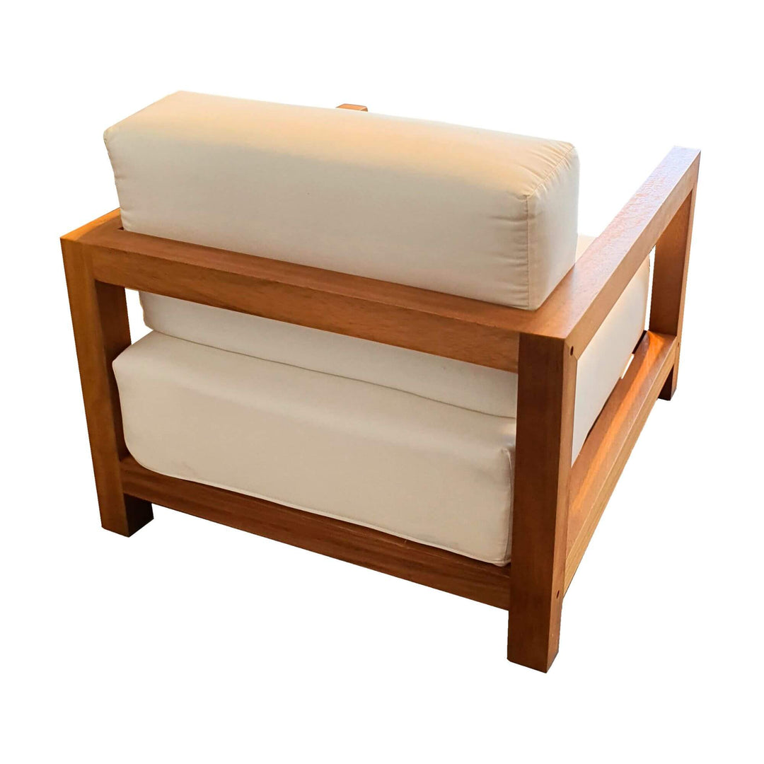 Rear view of the solid teak structure and outdoor cushions of the Santorini Sofa.