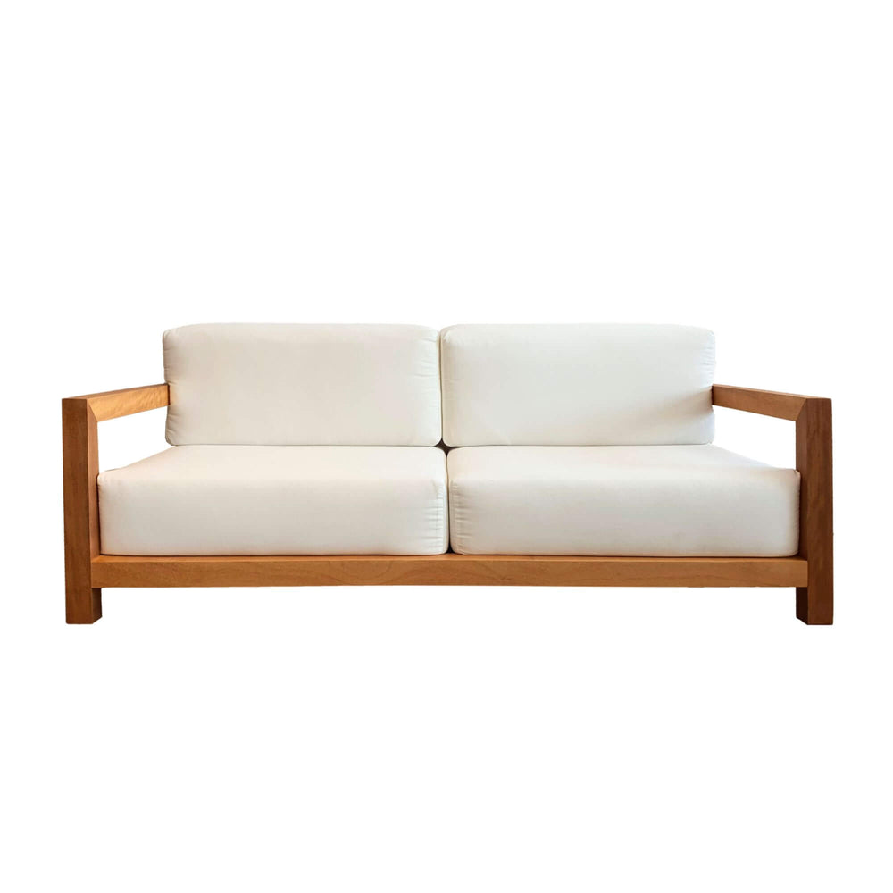 Front view of the Santorini solid teak two seat sofa.