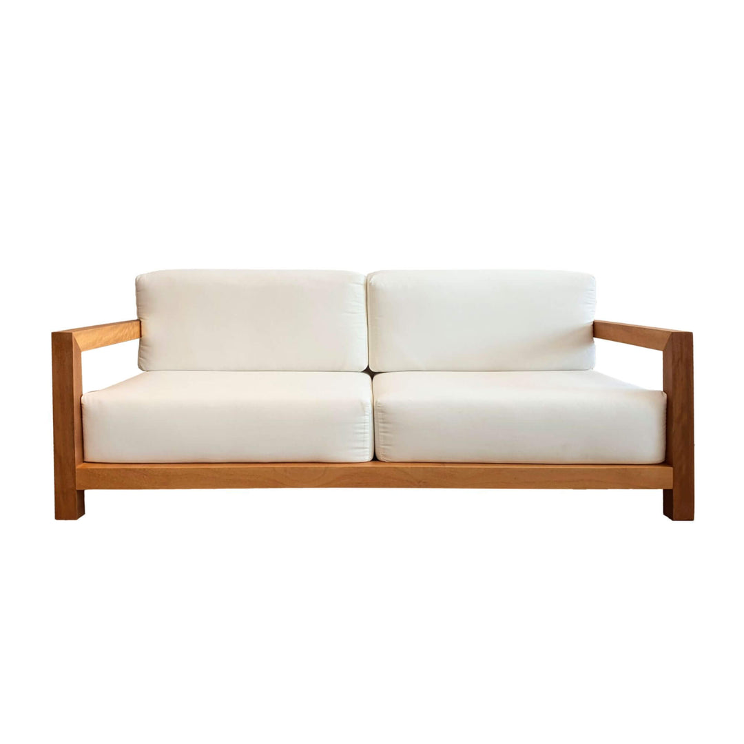 Front view of the Santorini solid teak two seat sofa.