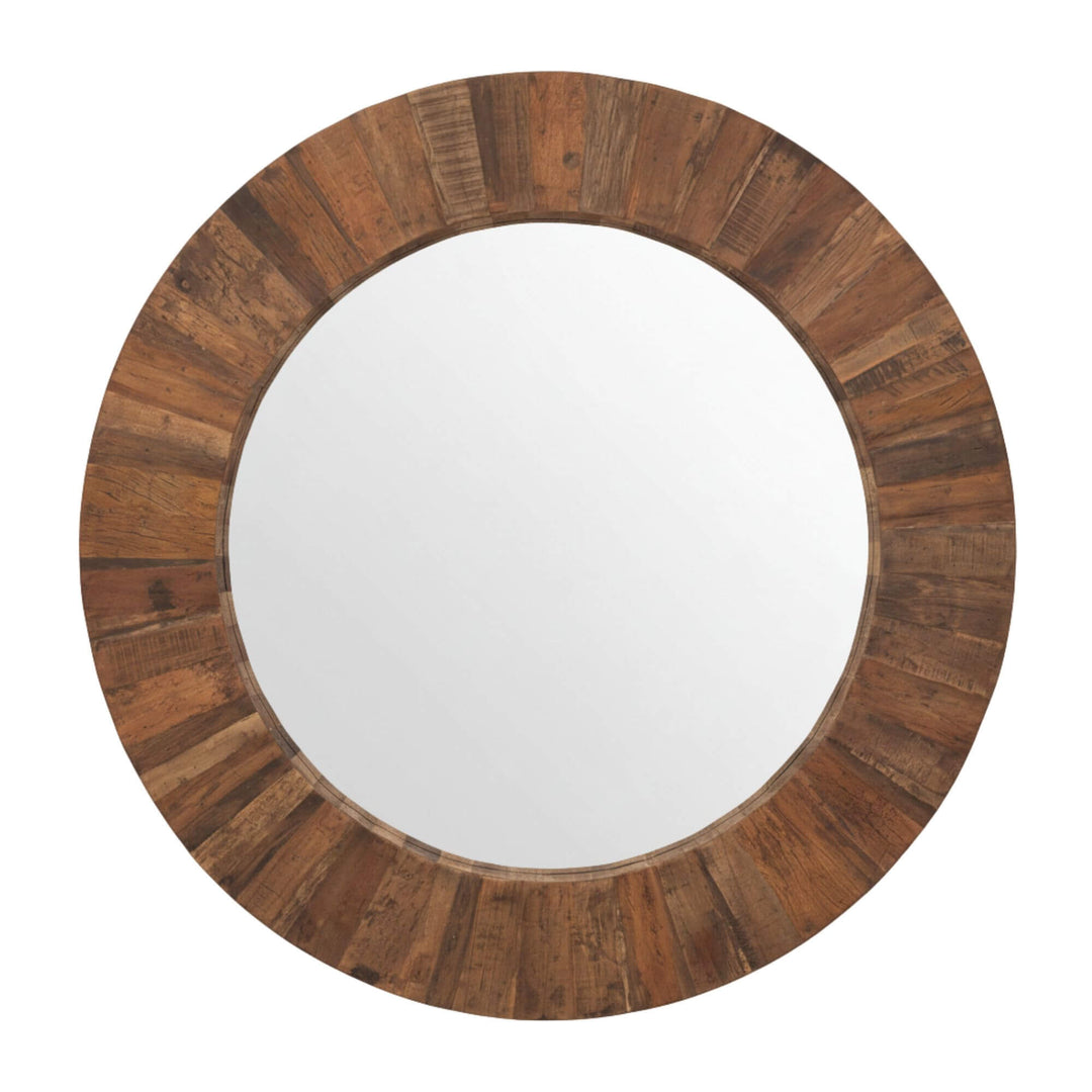 Close-up of the reclaimed wood frame showing artisan texture on the Saona Mirror.