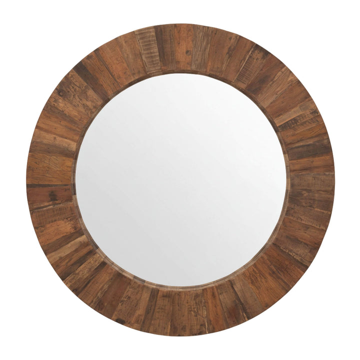 Close-up of the reclaimed wood frame showing artisan texture on the Saona Mirror.