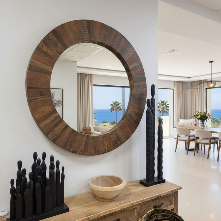 Side view of the Saona Mirror showing depth and reclaimed wood craftsmanship.