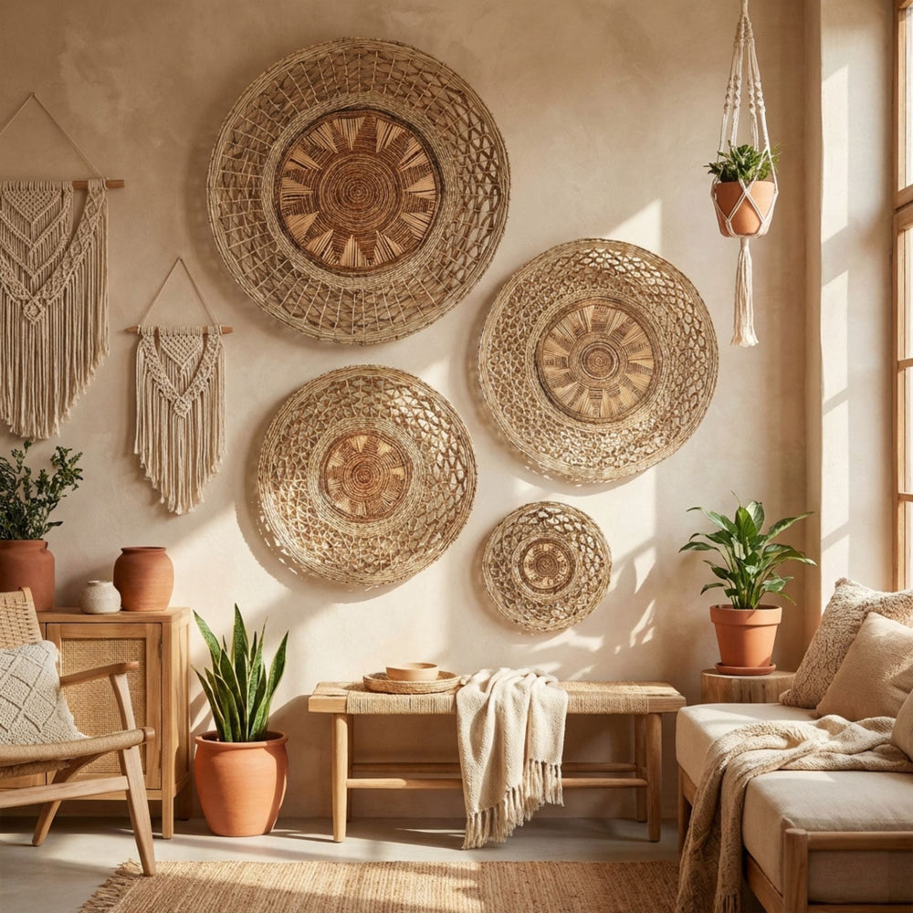 Living room with woven Sarakiniko wall deco plate, plants, and wooden furniture.