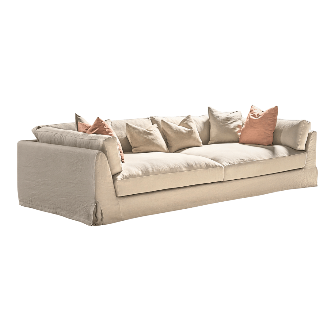 Sardegna sofa in beige linen with decorative cushions in terracotta tones