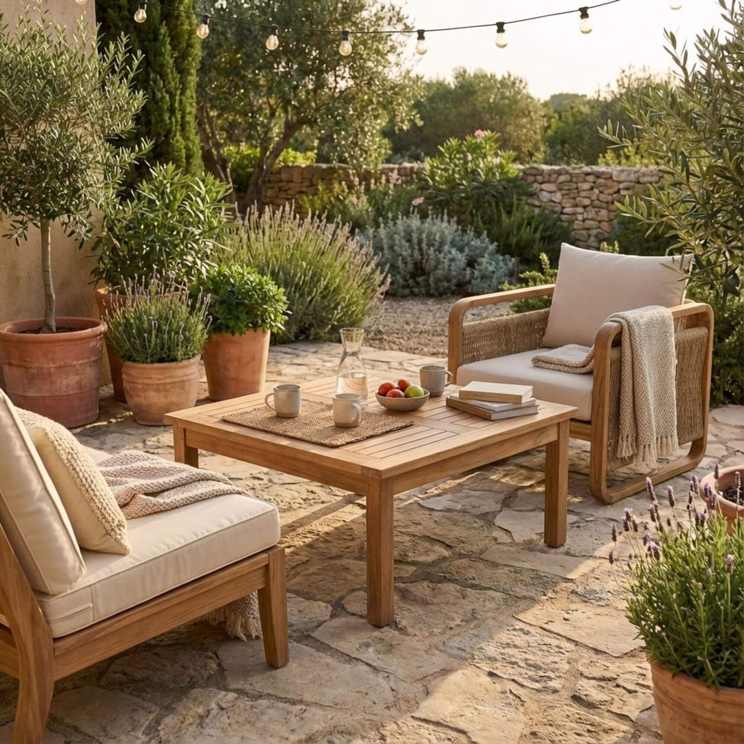 Styled outdoor view of Sasso Coffee Table placed on a stone terrace with teak seating.