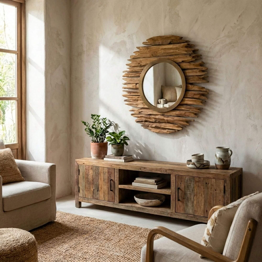 Living room with wooden furniture, Savaii round mirror, and plants.