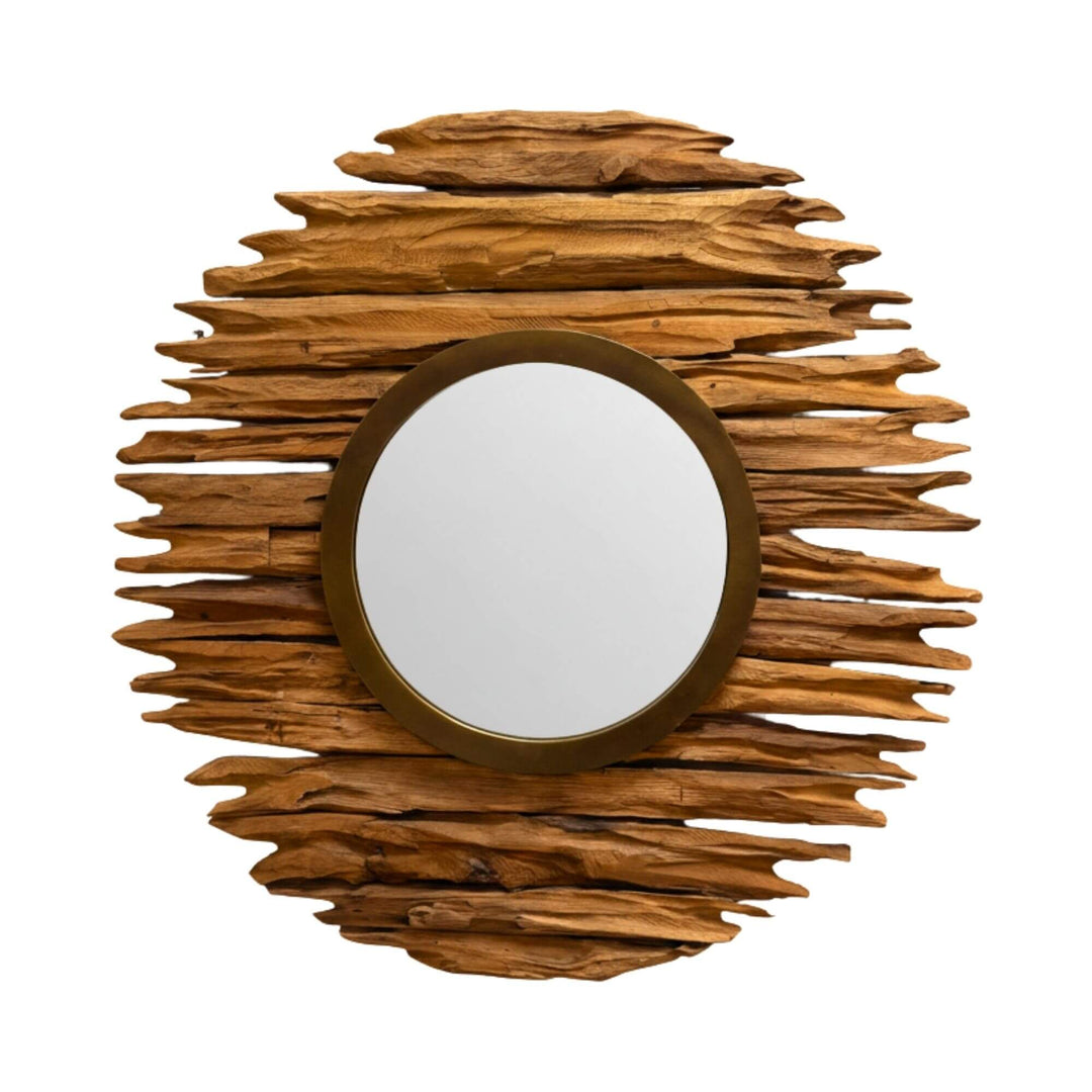 Savaii Round Mirror with sculptural reclaimed teak wood frame and central glass mirror.