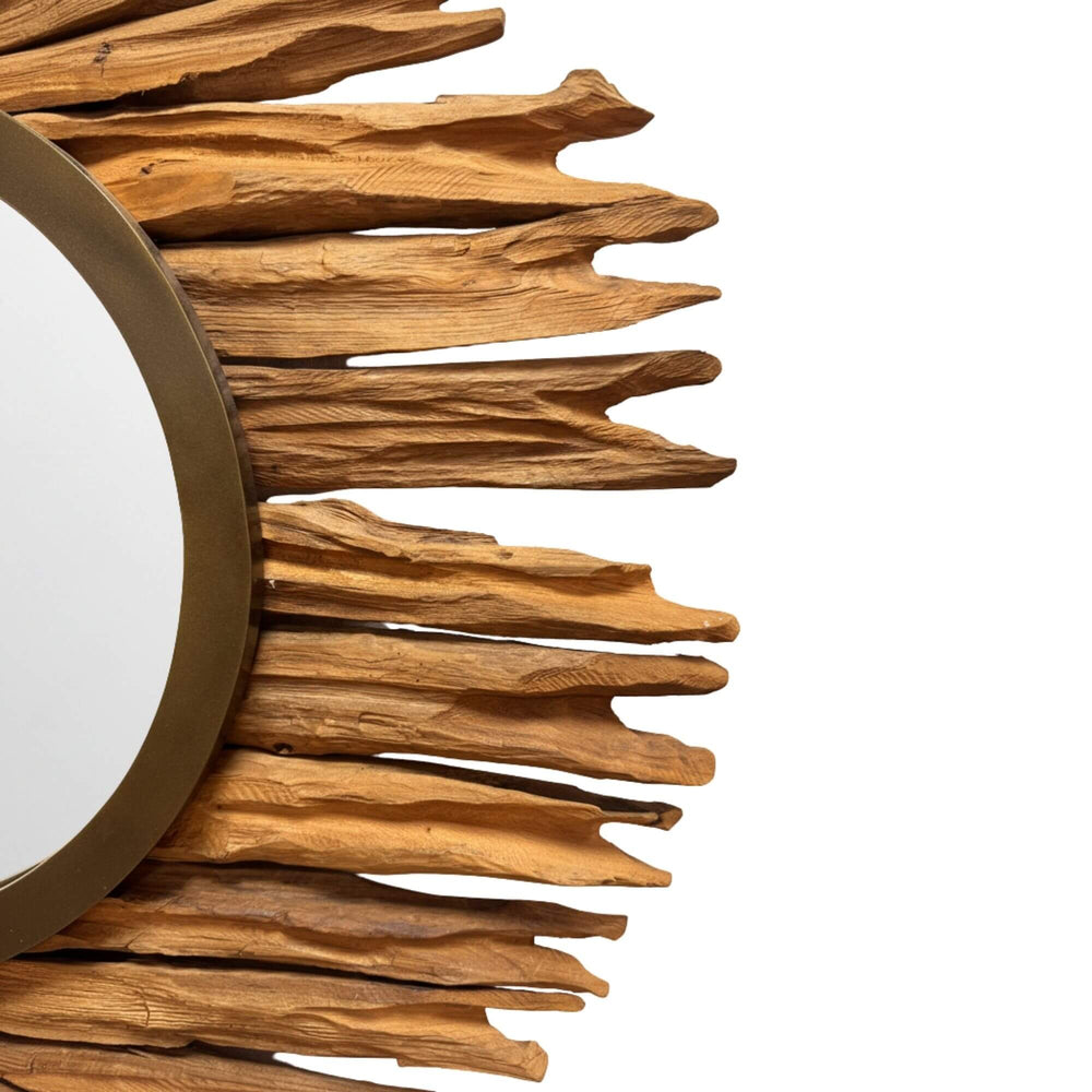 Side view of the Savaii Round Mirror showing layered teak wood pieces around the circular glass.
