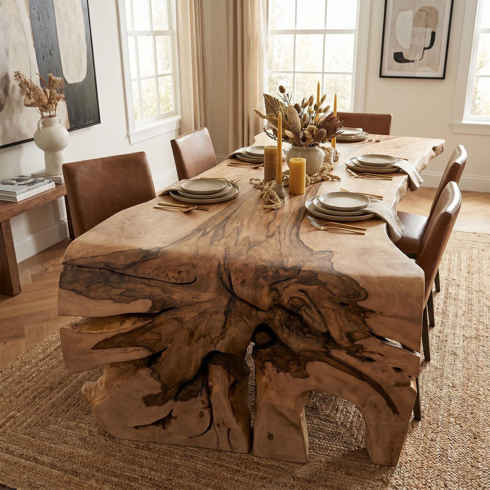 Styled dining room setting featuring the Savara table as a statement piece in a warm natural interior.