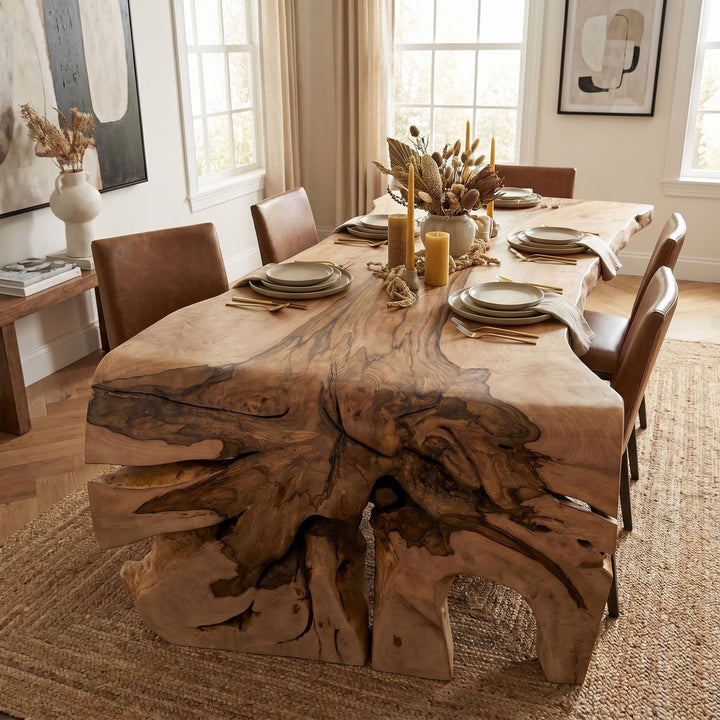 Styled dining room setting featuring the Savara table as a statement piece in a warm natural interior.