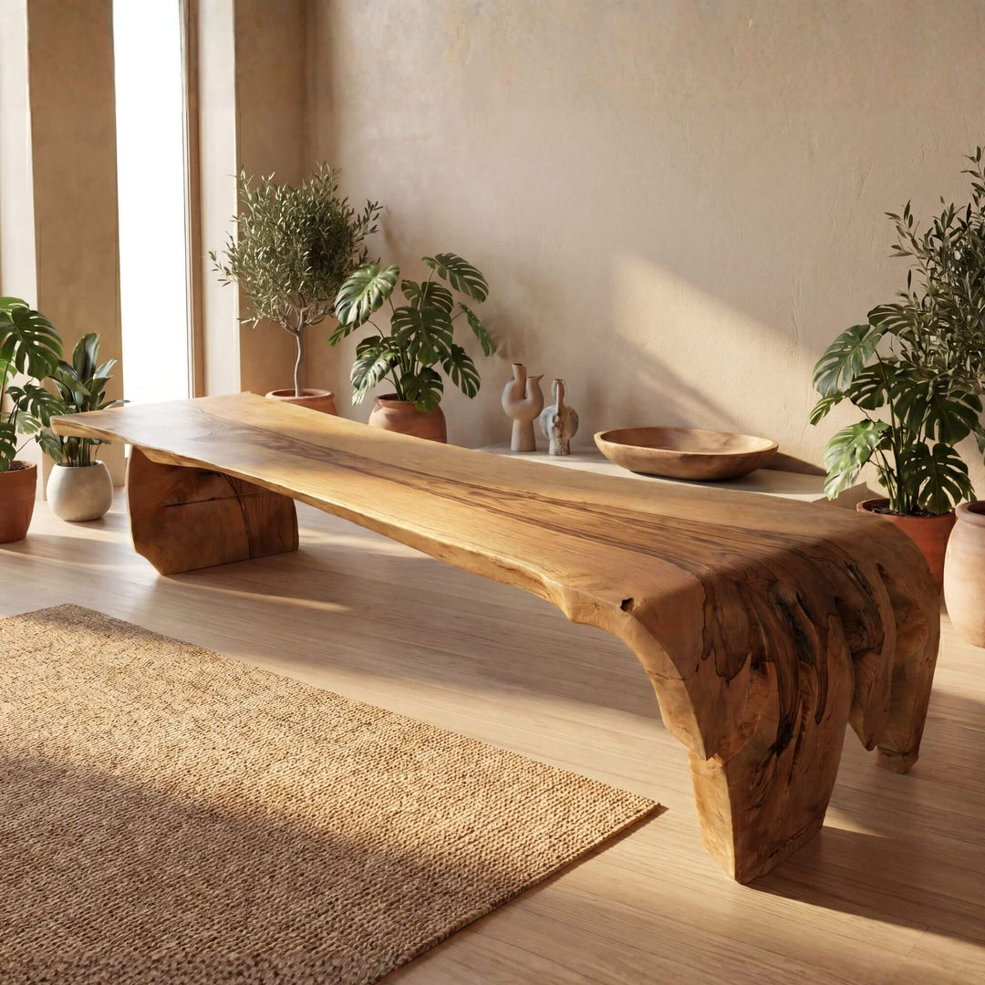 Styled dining room setting featuring the Savara table as a statement piece in a warm natural interior.