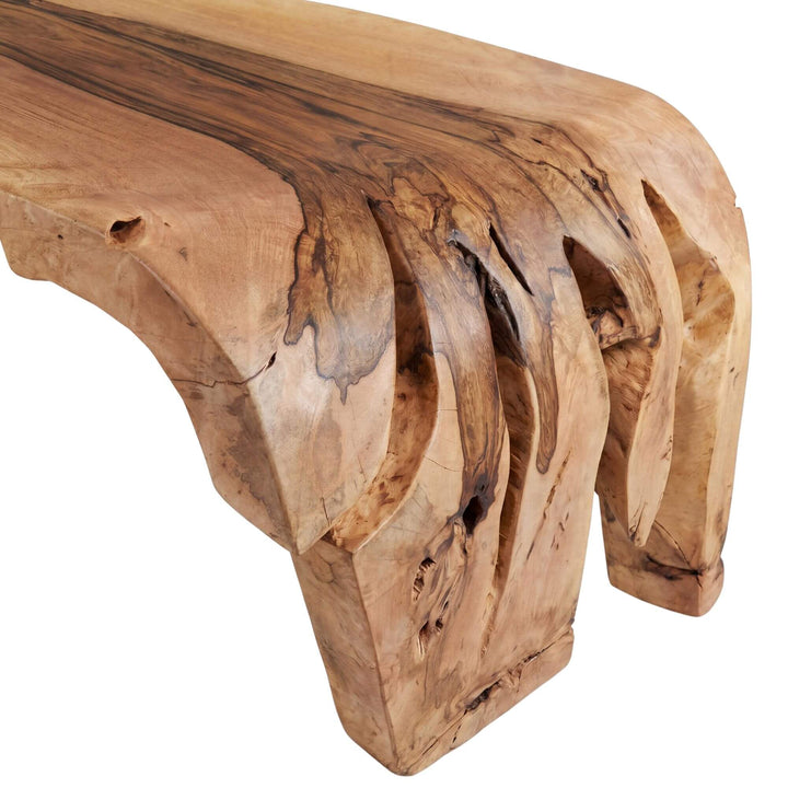Close-up detail of the tabletop edge showing the rich mango wood grain and natural live-edge shape.