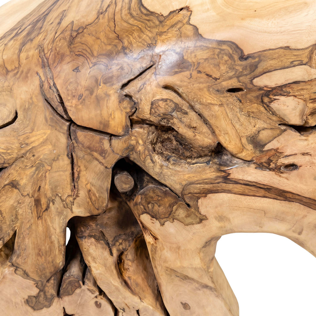 Close-up of the table base showing the sculptural wood contours and natural organic character.
