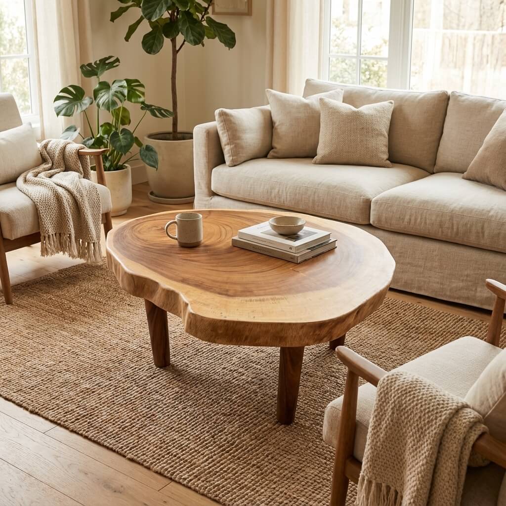 Styled interior view of Savu Coffee Table placed in a living room, highlighting its organic form and natural wood grain.