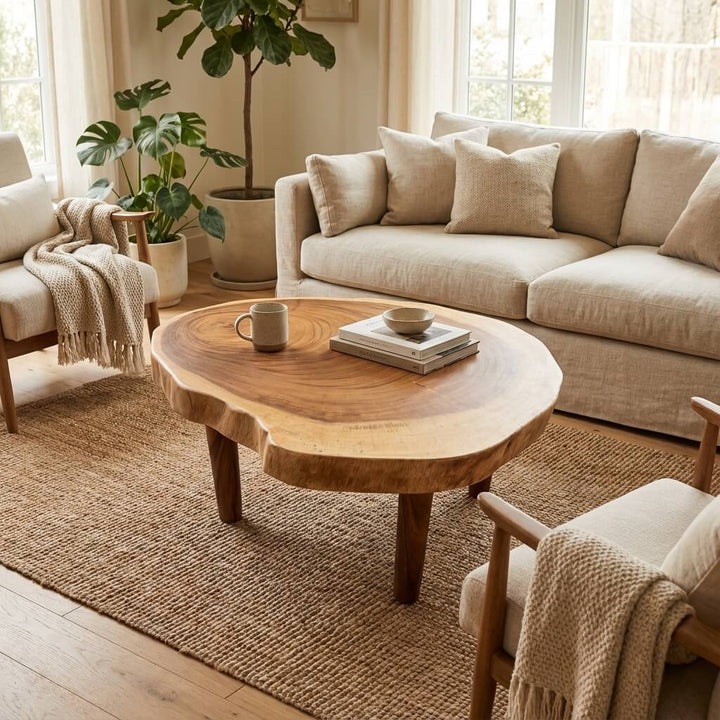 Styled interior view of Savu Coffee Table placed in a living room, highlighting its organic form and natural wood grain.