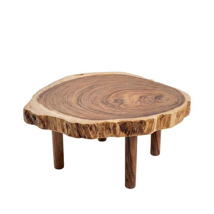 Front view of the Savu coffee table showing its solid suar wood construction and natural organic shape.