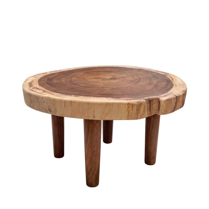 Front view of the Savu coffee table showing its rounded solid suar wood top and sturdy wooden legs.