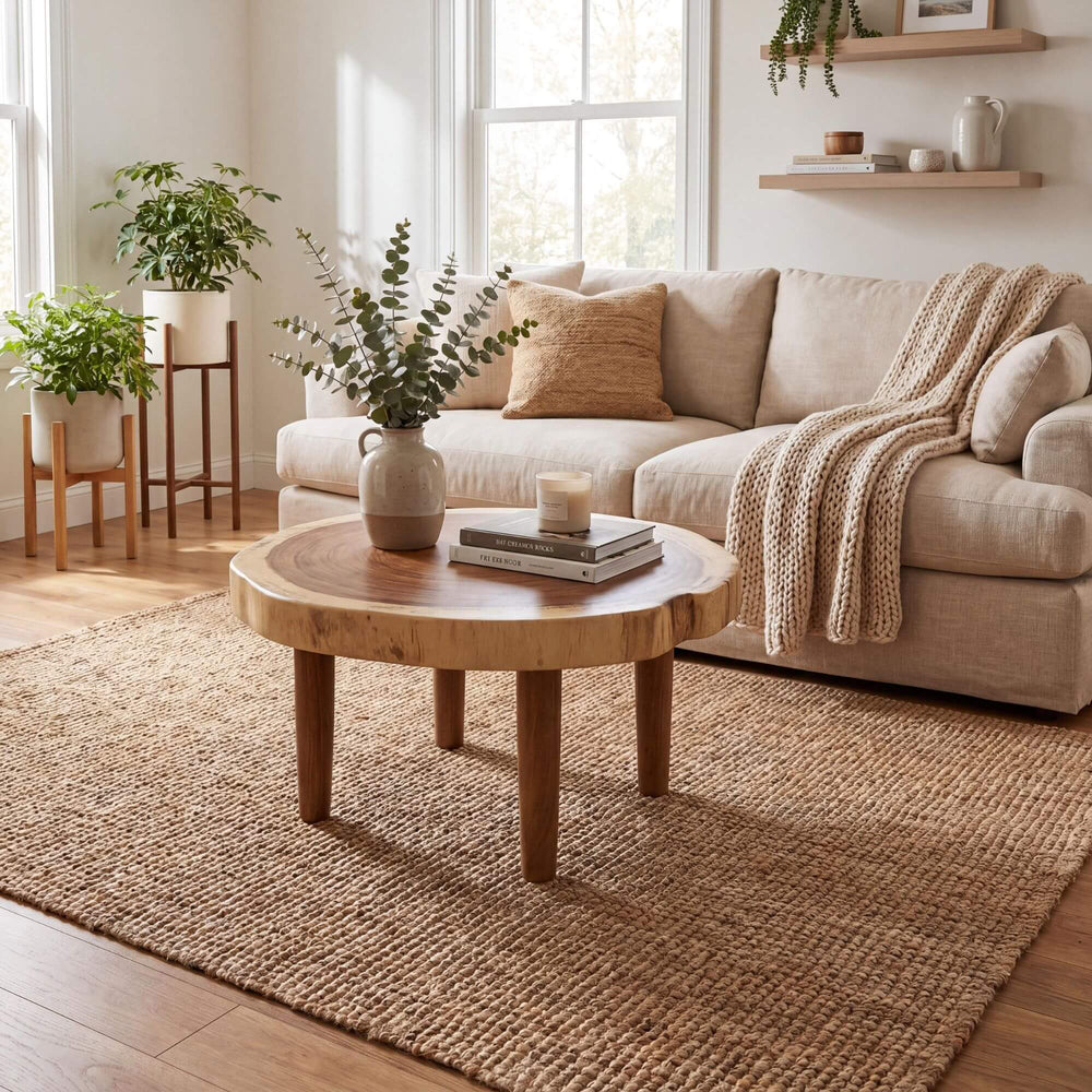 Styled living room setting featuring the Savu coffee table in a warm natural interior.