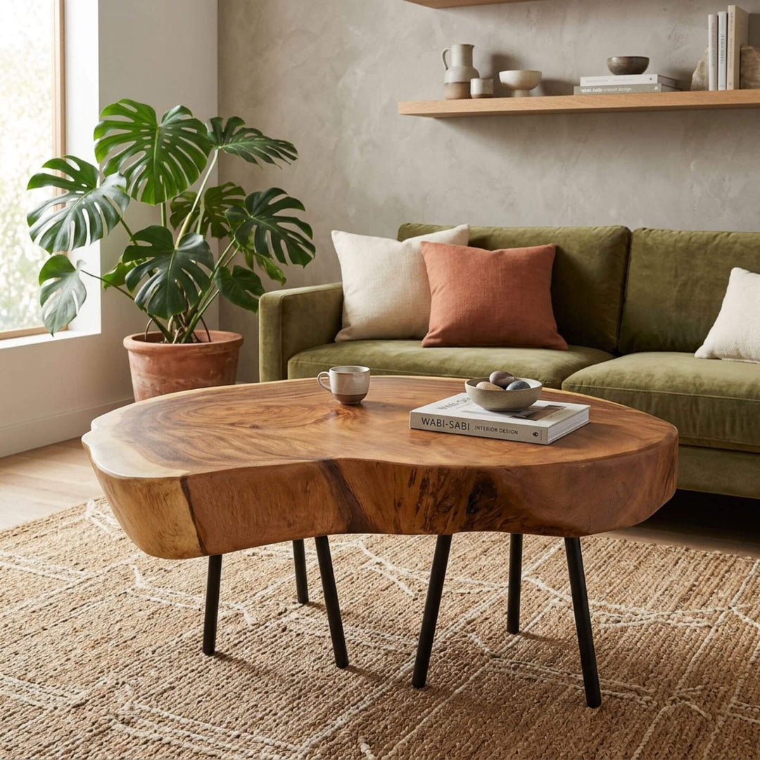 Styled living room setting featuring the Savu coffee table as a natural statement piece.