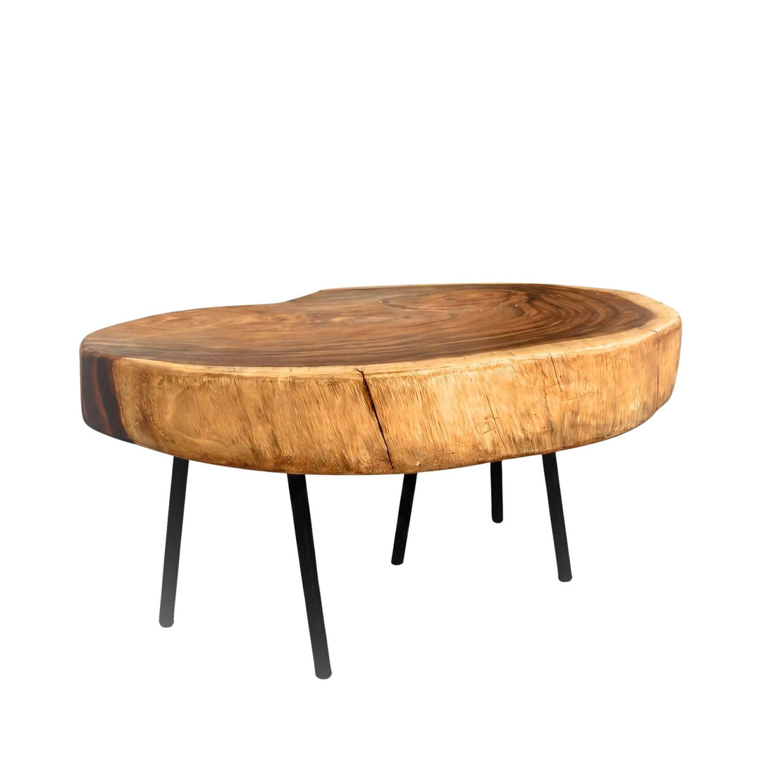Angled view of the coffee table highlighting the rich suar wood grain and sculptural form.