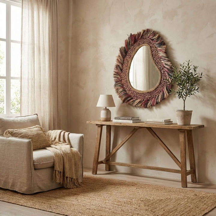 Living room with a textured wall, round decorative Sawana mirror, wooden console table, and armchair.