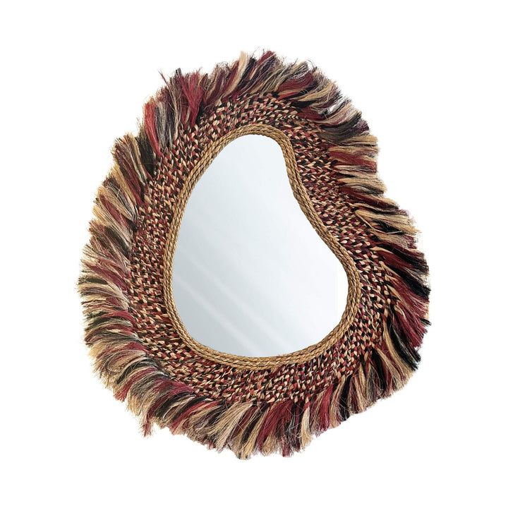 Large Sawana Mirror made of abaca, sisal, and cotton with an organic frame and multicolor accents, available in two sizes.