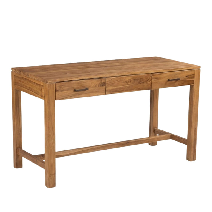 Angled view of the Scheherazade Desk highlighting its clean lines and sturdy teak structure.