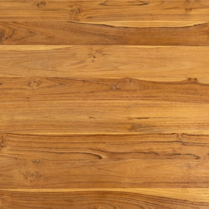 Close-up detail of the natural teak wood grain on the desktop surface.