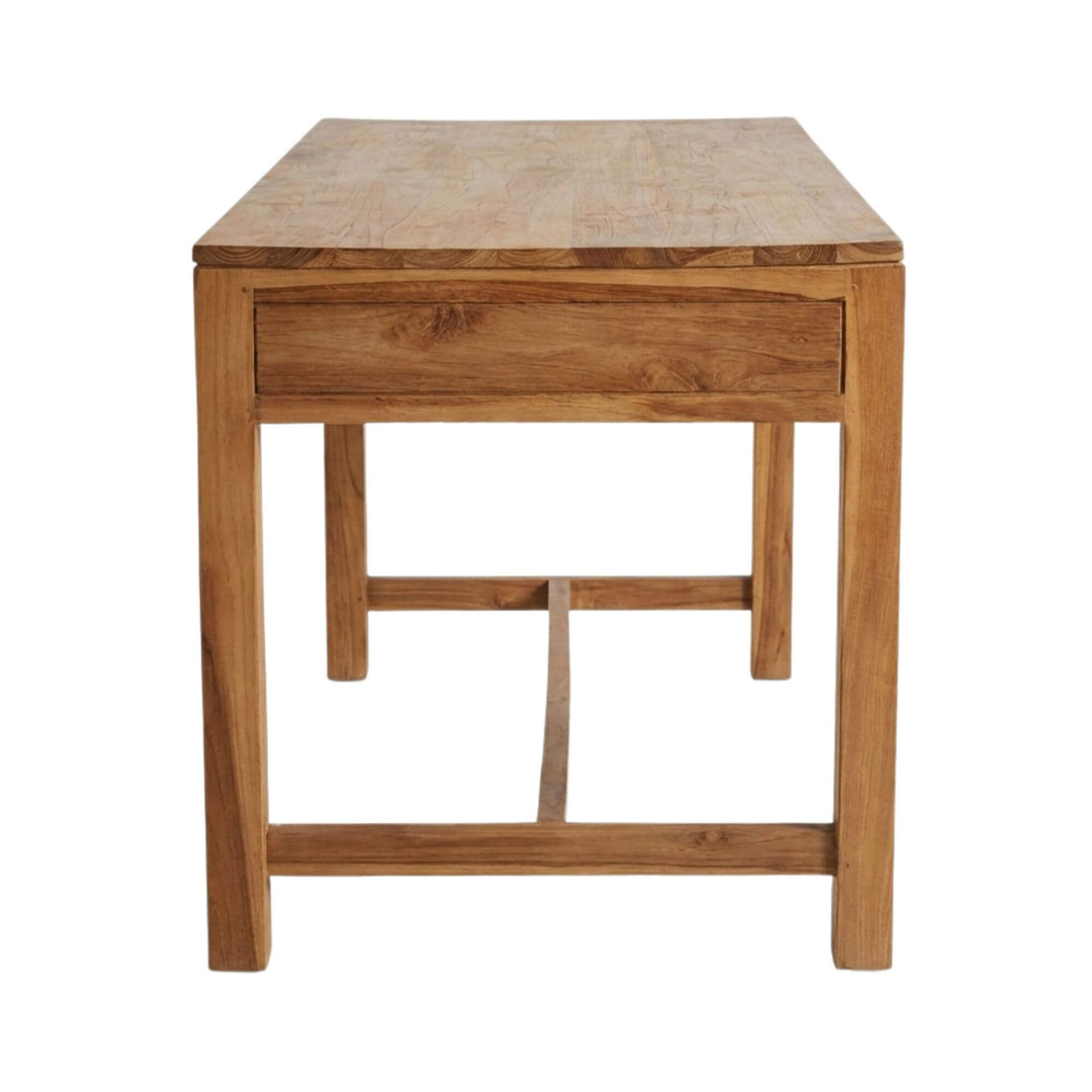 Side view of the Scheherazade Desk highlighting its clean lines and sturdy teak structure.