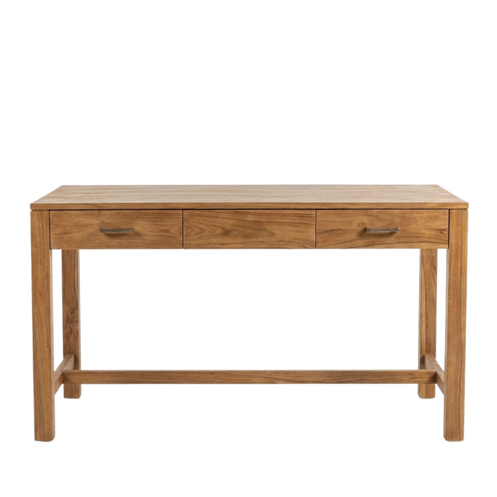 Front view of the Scheherazade Desk showcasing solid teak wood and three integrated drawers.
