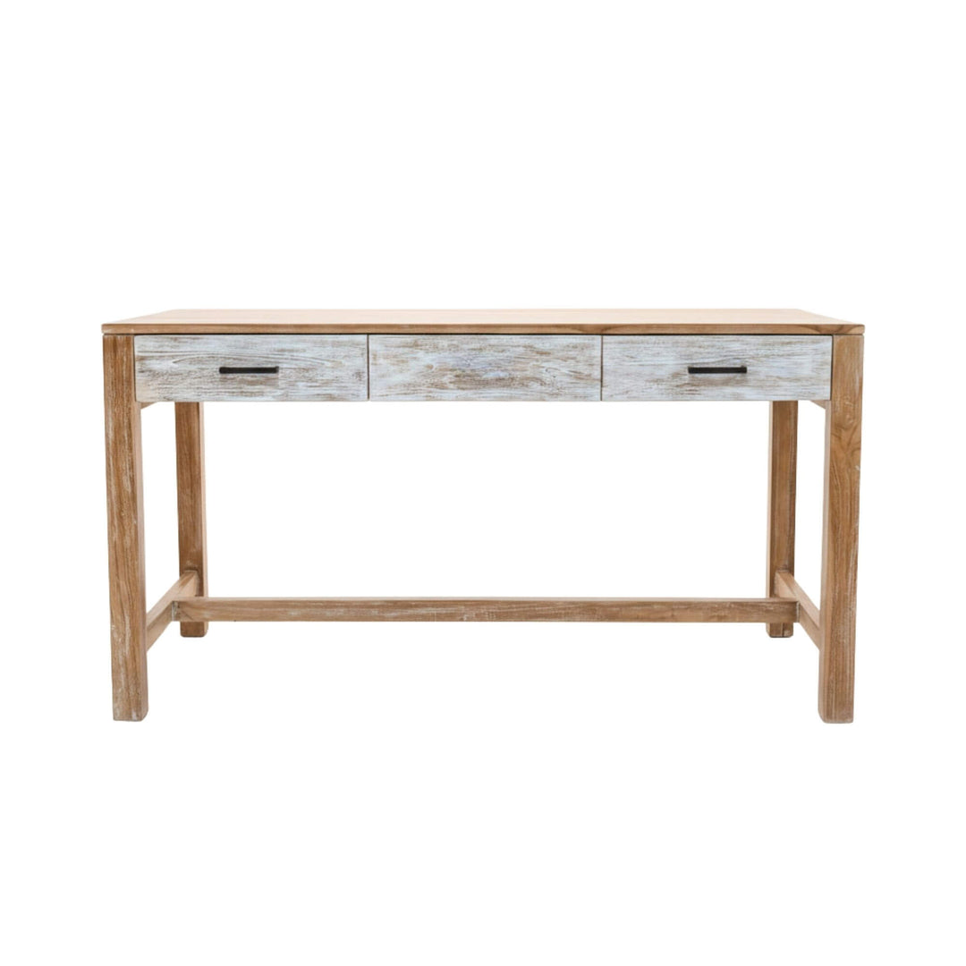 Front view of the Scheherazade Desk showcasing its clean whitewashed teak design.