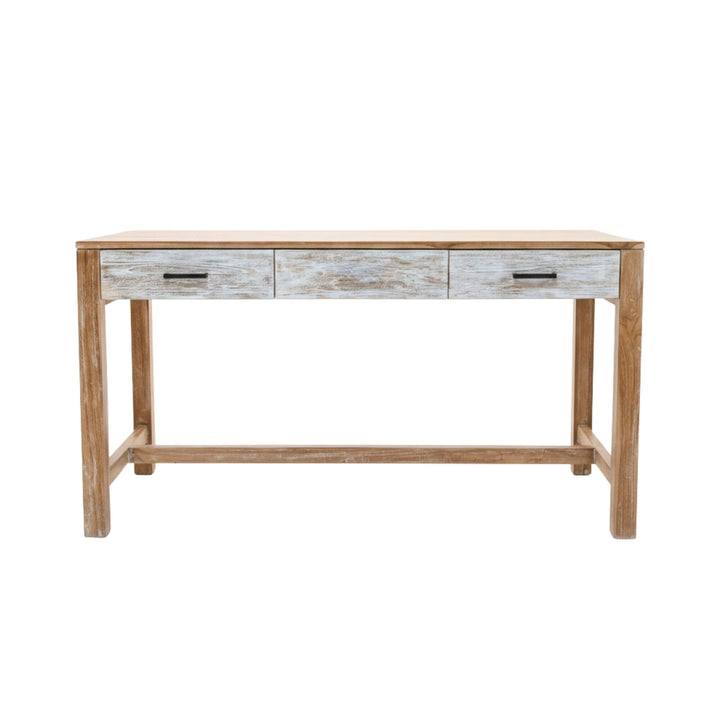 Front view of the Scheherazade Desk showcasing its clean whitewashed teak design.