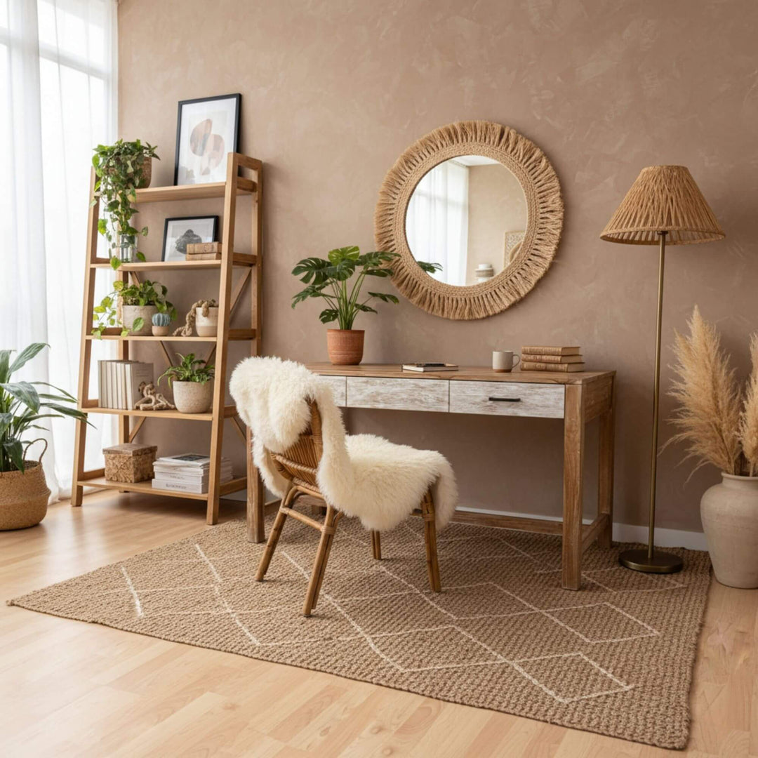 Interior view showing the Scheherazade Desk in whitewashed teak wood styled in a warm workspace.