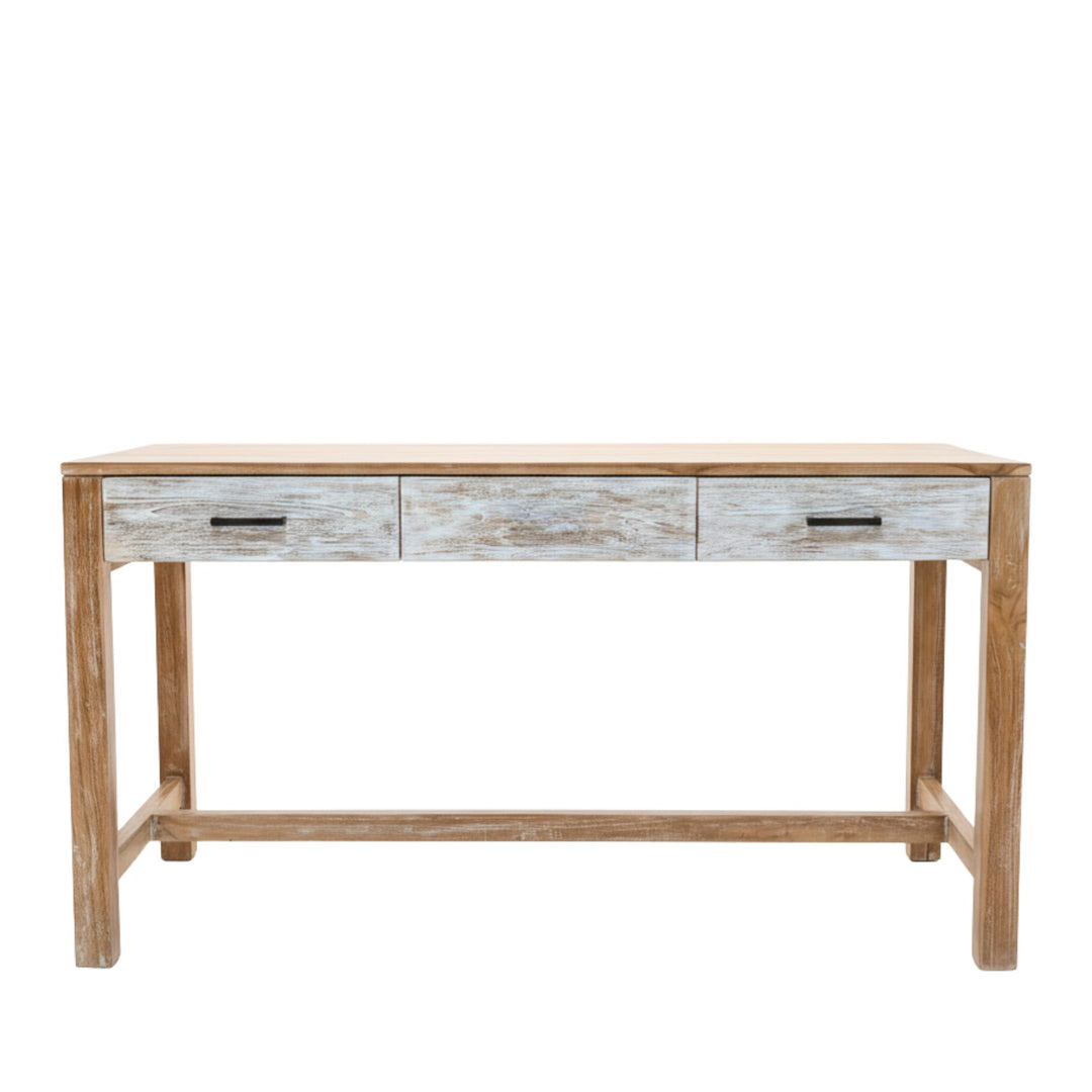 Front view of the Scheherazade Desk showcasing its clean whitewashed teak design.