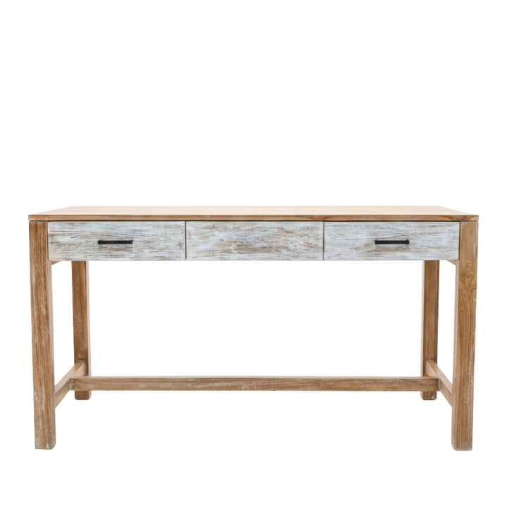 Front view of the Scheherazade Desk showcasing its clean whitewashed teak design.