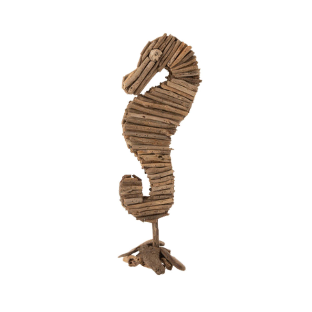 Front view of the sea horse stand deco crafted from reclaimed wood branches.