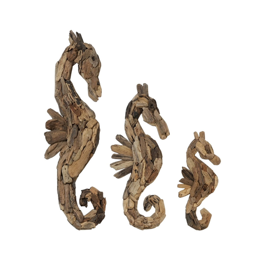 Set of driftwood sea horse wall decors displayed in different sizes.
